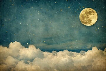 Serene night sky with a full moon shining above fluffy clouds and scattered stars.