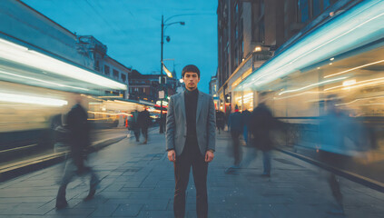 Person Standing Still Amid Fast-Paced City Traffic and Blurred Motion
