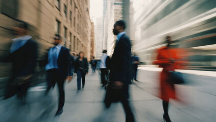 Fototapeta premium Blurred Motion Image of People Walking Along a Busy City Sidewalk in an Urban Environment