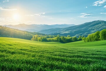 Fototapeta premium Sunlit green field stretches towards majestic mountains under a vibrant blue sky.