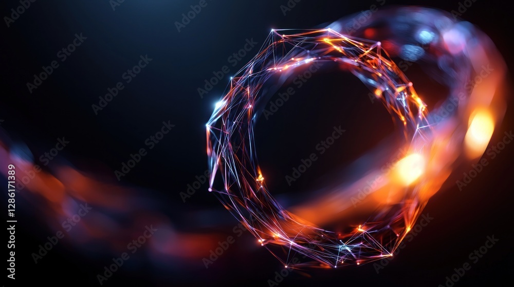 Wall mural abstract glowing geometric ring with dynamic light trails against a dark background