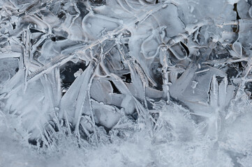 Frozen stream and ice closeup photo. Beautiful winter abstract background in nature. Concept for water and winter time.