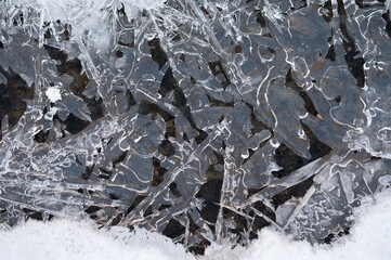 Frozen stream and ice closeup photo. Beautiful winter abstract background in nature. Concept for water and winter time.