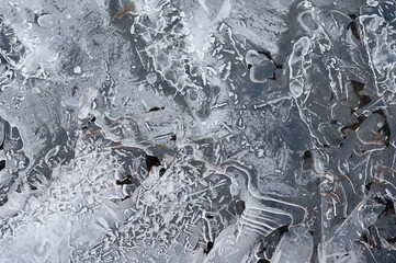 Frozen stream and ice closeup photo. Beautiful winter abstract background in nature. Concept for water and winter time.