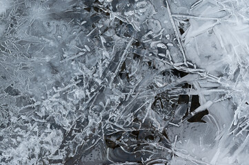 Frozen stream and ice closeup photo. Beautiful winter abstract background in nature. Concept for water and winter time.