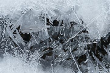 Frozen stream and ice closeup photo. Beautiful winter abstract background in nature. Concept for water and winter time.