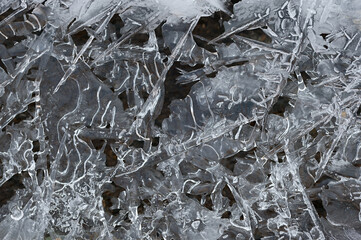 Frozen stream and ice closeup photo. Beautiful winter abstract background in nature. Concept for water and winter time.