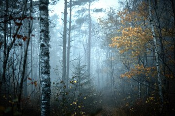 Fototapeta premium Misty autumn forest scene with tall trees and a few yellow leaves, creating a serene and mysterious atmosphere.