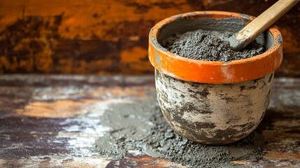 Rustic Clay Pot of Grey Cement Mixture with Wooden Trowel