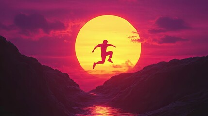 Silhouette Of A Man Leaping Over Sunset Rocks