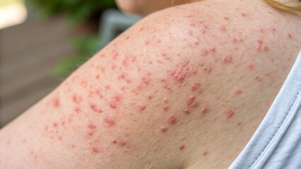 close up of a patient. Close-up of skin with reddish spots, possible rash or allergic reaction.
