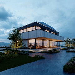 Fototapeta premium Modern house at twilight overlooking city