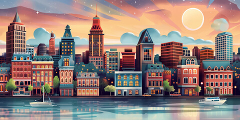 Montreal city skyline during a vibrant sunset. Beautiful panoramic view. Flat modern illustration style