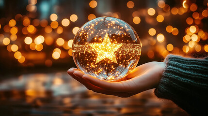 Fototapeta premium Hand holding illuminated golden star sphere with blurred lights background. Close-up night scene, Christmas and New Year celebration concept with bokeh effect and space for text.