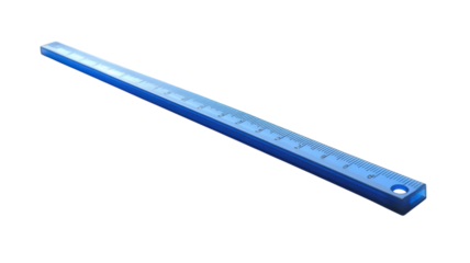 Blue plastic ruler with clear measurement markings on a white background ideal for school supplies and office use