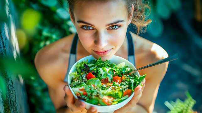 A young woman enjoying a nutritious salad after an intense workout to replenish energy and support her healthy lifestyle