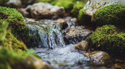 Close-up of water flowing over rocks and moss in a forest. Crystal clear river water on mossy rocks in a forest environment.