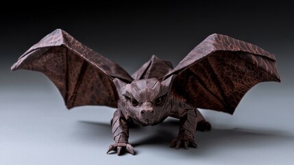 Fototapeta premium Intricately folded origami dragon bat sculpture poised on a smooth surface with dramatic lighting