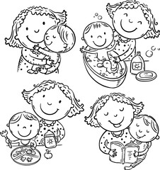 Outline illustration set of mom and baby activities, cute cartoon mother does various activities with her child, black and white vector illustration