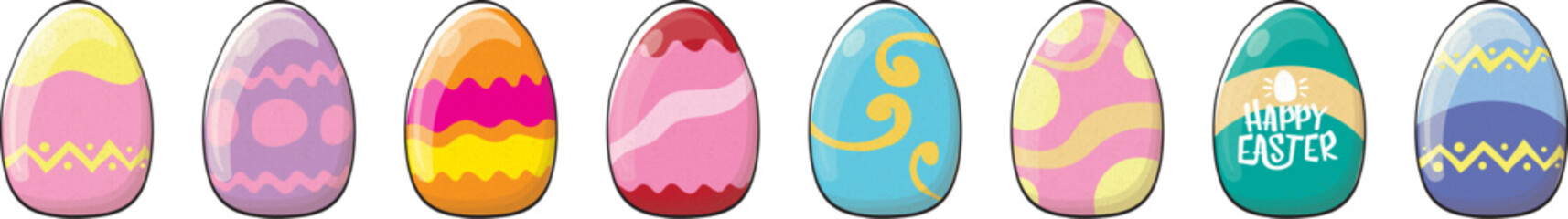 Color hand drawn Easter eggs set with different texture isolated on transparent background. Spring holiday. Vector Illustration. Happy easter egg horizontal banner. Happy easter vector design element