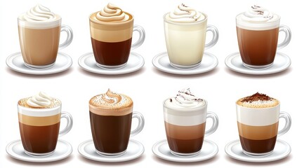 A bird's-eye view of multiple white coffee cups on plates. A modern realistic illustration showcasing various hot coffee drinks - espresso, latte, cappuccino, and americano. 3D caffeine beverage