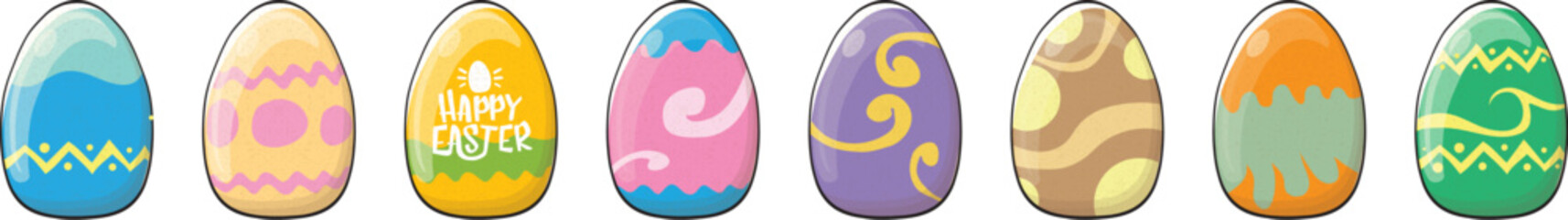 Color hand drawn Easter eggs set with different texture isolated on transparent background. Spring holiday. Vector Illustration. Happy easter egg horizontal banner. Happy easter vector design element