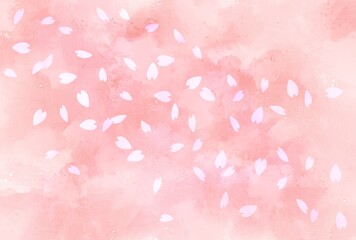 桜の花びらが舞うピンクの水彩背景　花吹雪　春