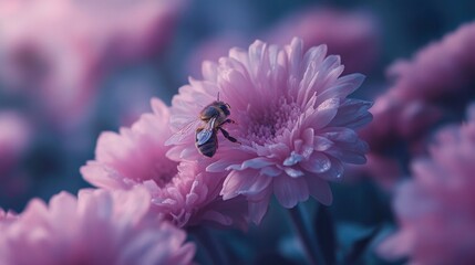 Obraz premium Bee on Pink Chrysanthemum, Garden, Soft Light