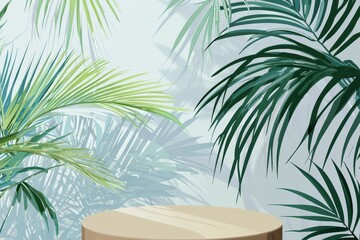 A modern 3D illustration of a wooden podium with palm leaves, suitable for cosmetic displays or award ceremonies.