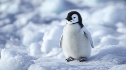 Obraz premium Baby emperor penguin standing on snowy ice