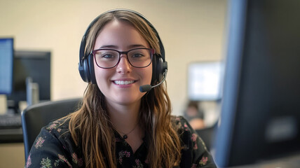 A woman wearing a headset and smiling at the camera