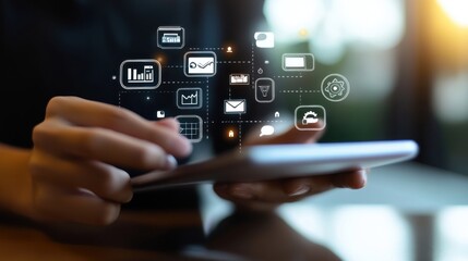 Person using tablet with digital business icons