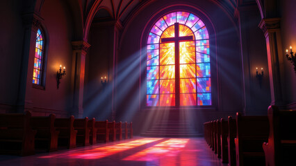 A tranquil church interior bathed in colorful stained glass light during sunset or sunrise.