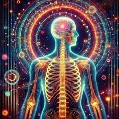 illustration of glowing liquid substance in hologram spectral color palette makes human sceleton system. Generative Art