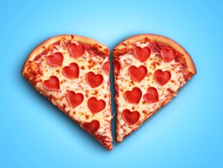 Fototapeta premium Creative heart shaped pizza with red toppings on a bright blue background representing love comfort food and passion for culinary artistry in a modern food themed conceptual image