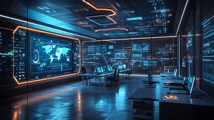 Futuristic Control Room with Digital Displays and World Map