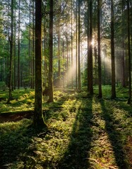 Obraz premium Light filtering through trees in a forest, creating soft shadows