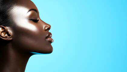 Beauty portrait of a woman studio photography blue background profile view skincare and confidence