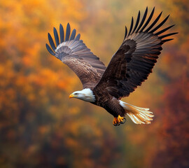 Obraz premium A striking bald eagle soars gracefully through the autumn skies, showcasing its powerful wings against a vibrant, blurred backdrop of golden and orange foliage.