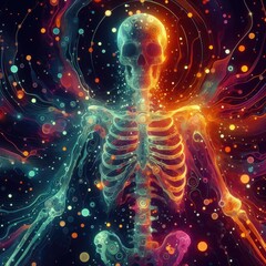 illustration of glowing liquid substance in hologram spectral color palette makes human sceleton system. Generative Art