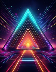 Naklejka premium Neon triangles arranged in dynamic patterns against a dark, space-like background