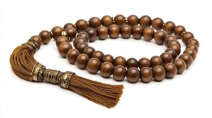 Obraz premium Wooden Prayer Beads with Tassel Close Up on White Background
