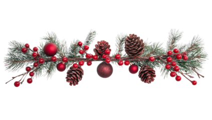 Festive christmas garland with pine cones and red berries
