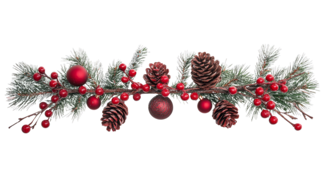 Festive christmas garland with pine cones and red berries