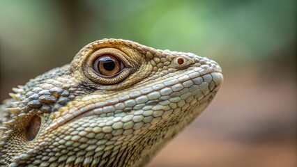 Fototapeta premium Lizard's Intimate Gaze: A detailed close-up captures the striking eyes and textured skin of a lizard, offering a fascinating glimpse into the reptile's world.