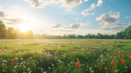 Wildflower meadow with rolling hills and blue sky high resolution image
