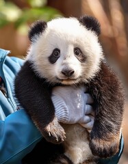 Obraz premium Cute panda cub being held by caretaker in a lush habitat during daytime
