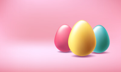 Happy Easter 3d vector background. Metal colored golden, blue chocolates in soft pink pastel scene. Spring greeting card, realistic podium design. April mini header illustration, gift concept render