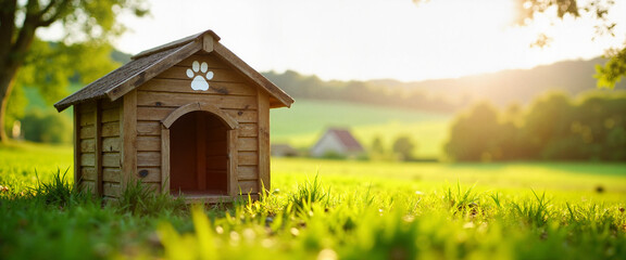 Charming doghouse with paw print in serene rural setting, pet love