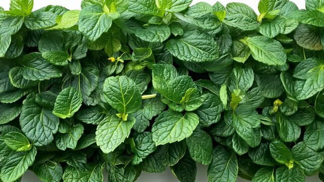 Vibrant Green Mint Leaves Border on White Background